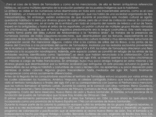 Para el caso de la Sierra de Tamaulipas y como se ha mencionado, de ella se tienen antiquísimas referencias
históricas, así como múltiples ejemplos de la evolución posterior de los pueblos indígenas que la habitaron.
Lo anterior es visible en las numerosas ruinas diseminadas en toda esta casi impenetrable serranía, como es el caso
de El Sabinito, un interesante sitio actualmente en investigación, que nos habla de una sociedad organizada de tipo
mesoamericano. Sin embargo, existen evidencias de que durante el posclásico este modelo cultural se agotó,
quedando habitada la sierra por diversos grupos de agricultores, pero de un nivel de civilización menor. En contraste
al mundo mesoamericano, en el norte de la entidad y en todo el conjunto del noreste de México y el sur de Texas,
imperó en la antigüedad y hasta el arribo de los españoles, un patrón cultural de múltiples grupos tribales nómadas
(los chichimecas), entre los que el tronco lingüístico predominante era la lengua coahuilteca. Este vasto espacio
norteño formó parte del área cultural de Aridoamérica o la “América árida”. Se trataba de la presencia de
numerosas bandas de indios cazadores-recolectores, que deambulaban por las llanuras, especialmente en las
cercanías de las corrientes fluviales, los que poseían una reducida cultura material y muy elementales estructuras de
organización social. Por mencionar algunos, cabría citar a los carrizos de orillas del río Bravo, a los pintos de las
riberas del Conchas o a los janambres del centro de Tamaulipas. Asolados por las redadas esclavistas provenientes
de la Huasteca o del Nuevo Reino de León durante los siglos XVI y XVII, los indios de Tamaulipas ofrecieron una fiera
resistencia a la ocupación novohispana. Además, este espacio costero se convirtió en refugio de las etnias de las
entidades vecinas, identificados como “apóstatas”, es decir, que habían renunciado a la cristianización. Con la
colonización de Tamaulipas a partir de la segunda mitad del siglo XVIII, se intentó asentar a los indios chichimecas
en misiones a cargo de frailes franciscanos. Sin embargo, hubo muy poco arraigo indígena en estas misiones y los
diversos grupos que deambulaban por su territorio acabaron por extinguirse. En este proceso actuaron la guerra, el
desequilibrio de sus antiguos hábitats y costumbres de caza y recolección, las epidemias y su poca disposición para
asimilarse al orden colonial. Algunos grupos trascendieron hasta mediados del siglo XIX, hasta finalmente
desaparecer como etnias socialmente diferenciadas.
Antes de la llegada de los conquistadores españoles el territorio de Tamaulipas estuvo ocupado por varias etnias de
las cuales sobresalen los huastecos. Américo Vespucio, el célebre cartógrafo italiano que bautizó al continente,
visitó el territorio tamaulipeco a finales del siglo XVI y en su correspondencia con Lorenzo di Pierfrancesco mencionó
que los nativos llamaban al territorio Lariab. Durante la colonia se le conoció con otros nombres: Reino Guasteca,
Provincia de Amichel y Tierra Garayana, Provincia de Pánuco, Comarca de Paul, de Alifau y Ocinan, Médanos de la
Magdalena, Costa del Seno Mexicano, Nuevo Reino de León y Nuevo Santander. El nombre actual proviene de la
fundación del pueblo de Tamaholipa que hiciese Fray Andrés de Olmos en 1544.
El primer asentamiento permanente Español en el área fue Tampico en 1554. Lo que ahora es Tamaulipas fue
incorporada como una provincia de la Nueva España en 1746 con el nombre de Nuevo Santander.
Durante la mayor parte de la colonia la población europea sufrió los embates de los grupos indígenas rebeldes, a
los que a su vez esclavizaban o asesinaban. En 1732 José de Escandón arribó al territorio y desarrolló un agresivo
programa de colonización y pacificación que se extendería al vecino Nuevo Reino de León. Tras el llamado a la
independencia hecho por Miguel Hidalgo y Costilla, Bernardo Gutiérrez de Lara, originario de Revilla (hoy Nva, Cd,
 