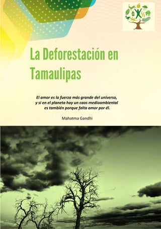 Deforestación en
Tamaulipas
YOUR LOGO
El amor es la fuerza más grande del universo,
y si en el planeta hay un caos medioambiental
es también porque falta amor por él.
Mahatma Gandhi
La Deforestación en
Tamaulipas
 
