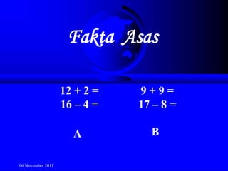 Fakta Asas

                   12 + 2 =   9+9=
                   16 – 4 =   17 – 8 =

                     A          B

06 November 2011
 