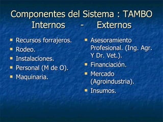 Componentes del Sistema : TAMBO Internos - Externos Recursos forrajeros. Rodeo. Instalaciones. Personal (M de O). Maquinaria. Asesoramiento Profesional. (Ing. Agr. Y Dr. Vet.). Financiación. Mercado (Agroindustria). Insumos. 