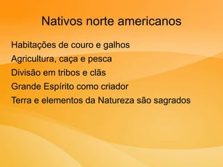 Nativos norte americanos
Habitações de couro e galhos
Agricultura, caça e pesca
Divisão em tribos e clãs
Grande Espírito como criador
Terra e elementos da Natureza são sagrados
 