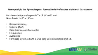 Recomposição das Aprendizagens, Formação de Professores e Material Estruturado:
Fortalecendo Aprendizagens MT e LP (4° ao 9° ano)
Nova Escola do 1° ao 5° ano
• Desdobramentos;
• Sistema SAAP;
• Cadastramento de Formações
• Frequências;
• Avaliações
• Formação Sistemas SAAP e SIGE para Gerentes da Regional 13.
 