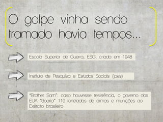 O golpe vinha sendo
tramado havia tempos...
   Escola Superior de Guerra, ESG, criada em 1948



   Instituto de Pesquisa e Estudos Sociais (Ipes)



   “Brother Sam”: caso houvesse resistência, o governo dos
   EUA “doaria” 110 toneladas de armas e munições ao
   Exército brasileiro
 