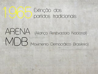 1965      Extinção dos
          partidos tradicionais


ARENA     (Aliança Renovadora Nacional)

MDB     (Movimento Democrático Brasileiro)
 