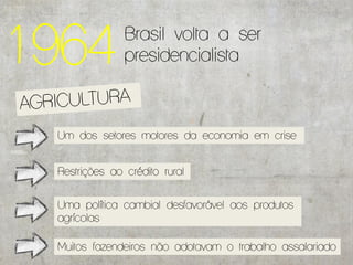 1964           Brasil volta a ser
               presidencialista



 Um dos setores motores da economia em crise


 Restrições ao crédito rural


 Uma política cambial desfavorável aos produtos
 agrícolas

 Muitos fazendeiros não adotavam o trabalho assalariado
 