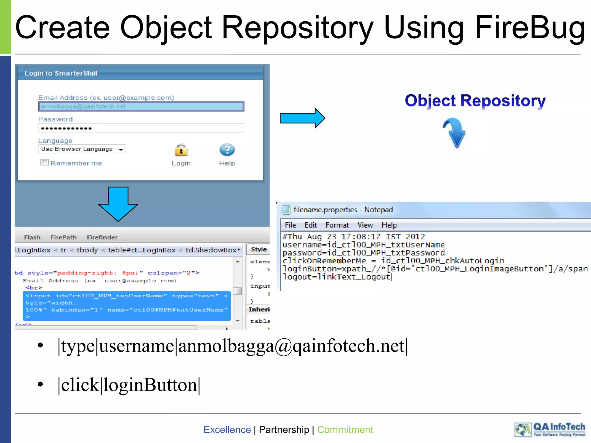 Create Object Repository Using FireBug

• |type|username|anmolbagga@qainfotech.net|
• |click|loginButton|
Excellence | Partnership | Commitment

 