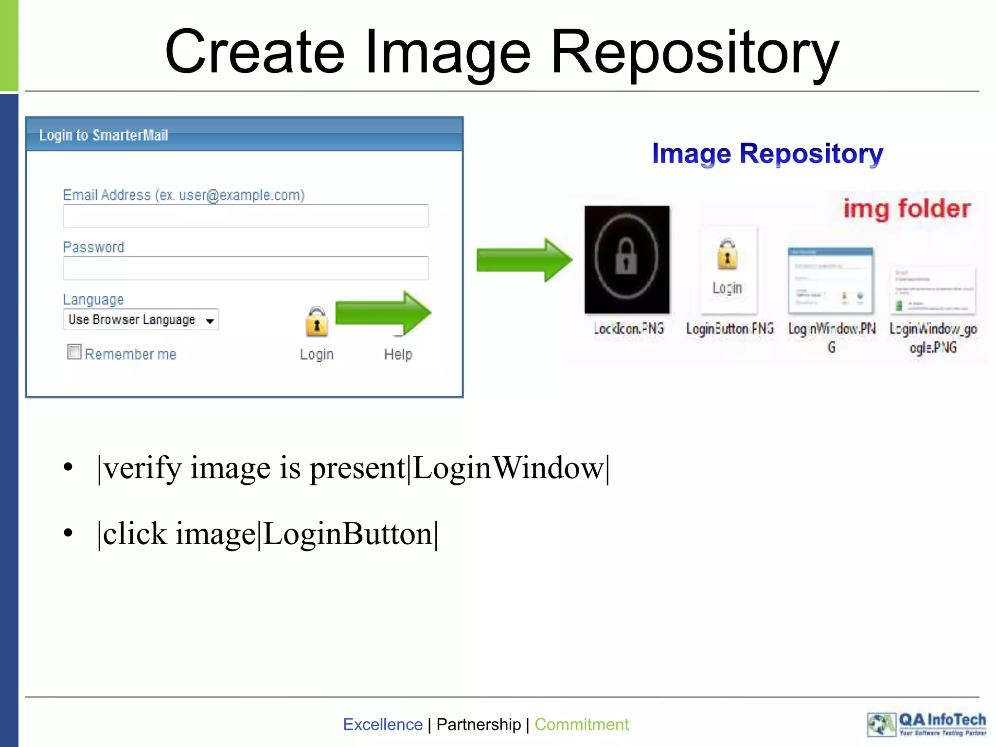 Create Image Repository

• |verify image is present|LoginWindow|
• |click image|LoginButton|

Excellence | Partnership | Commitment

 