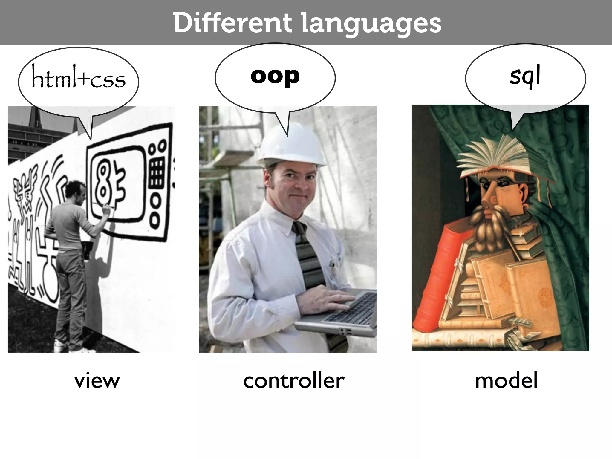 Diﬀerent languages html+css oop sql view controller model 