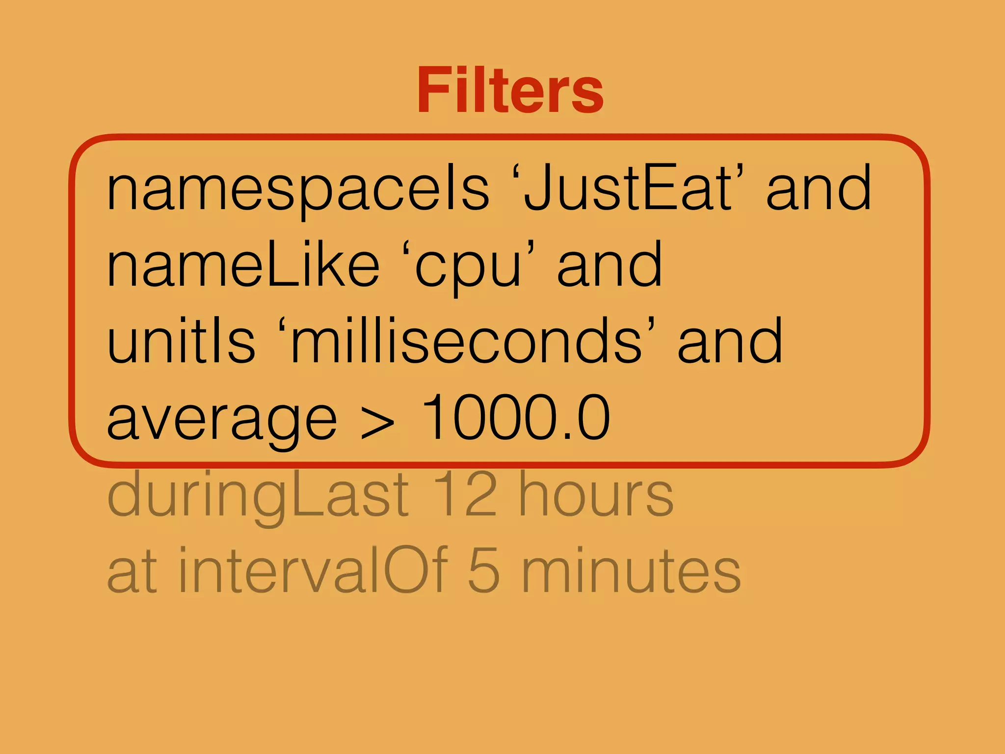 namespaceIs ‘JustEat’ and
nameLike ‘cpu’ and
unitIs ‘milliseconds’ and
average > 1000.0
duringLast 12 hours
at intervalOf 5 minutes
Filters
 