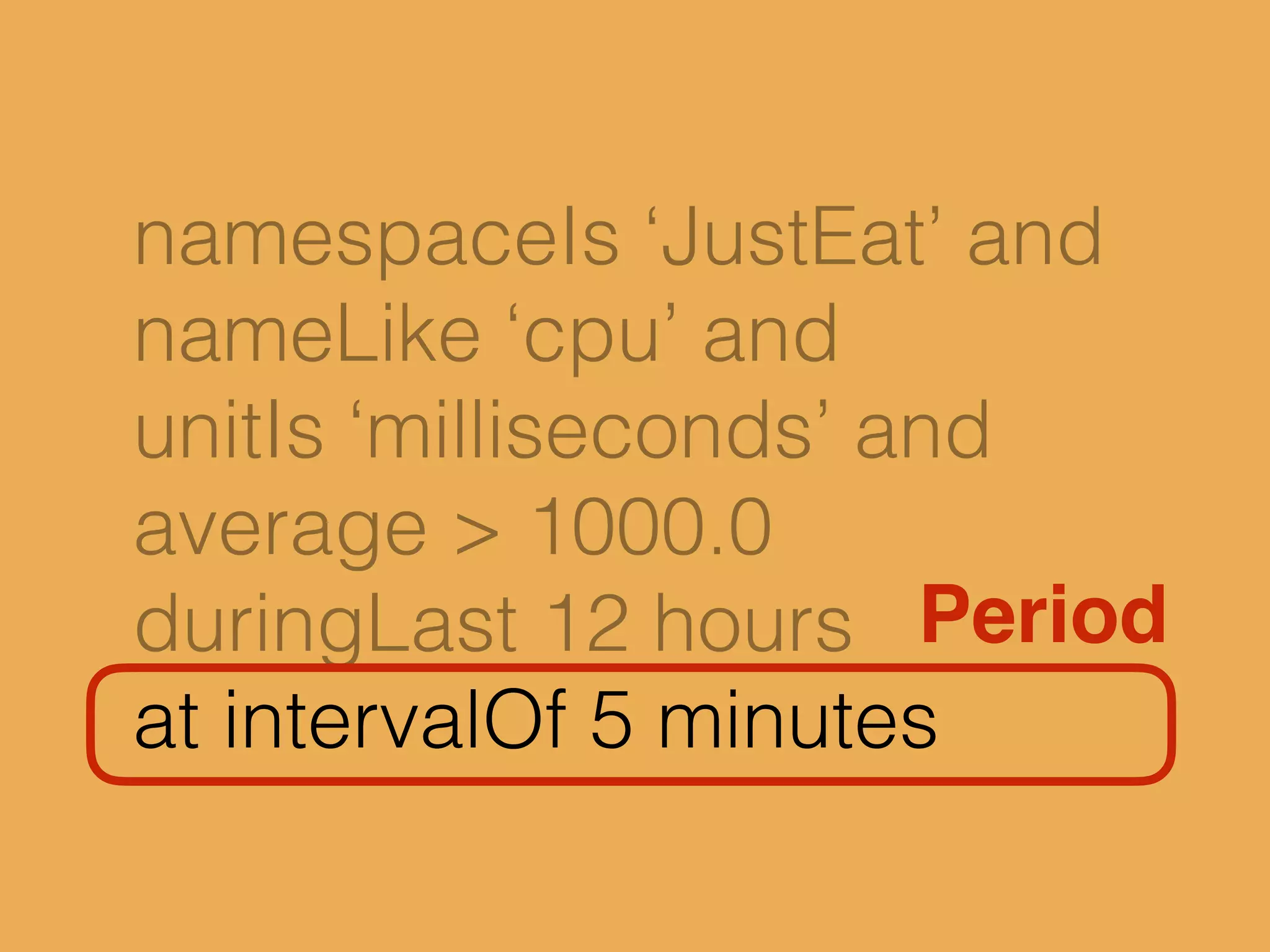 namespaceIs ‘JustEat’ and
nameLike ‘cpu’ and
unitIs ‘milliseconds’ and
average > 1000.0
duringLast 12 hours
at intervalOf 5 minutes
Period
 