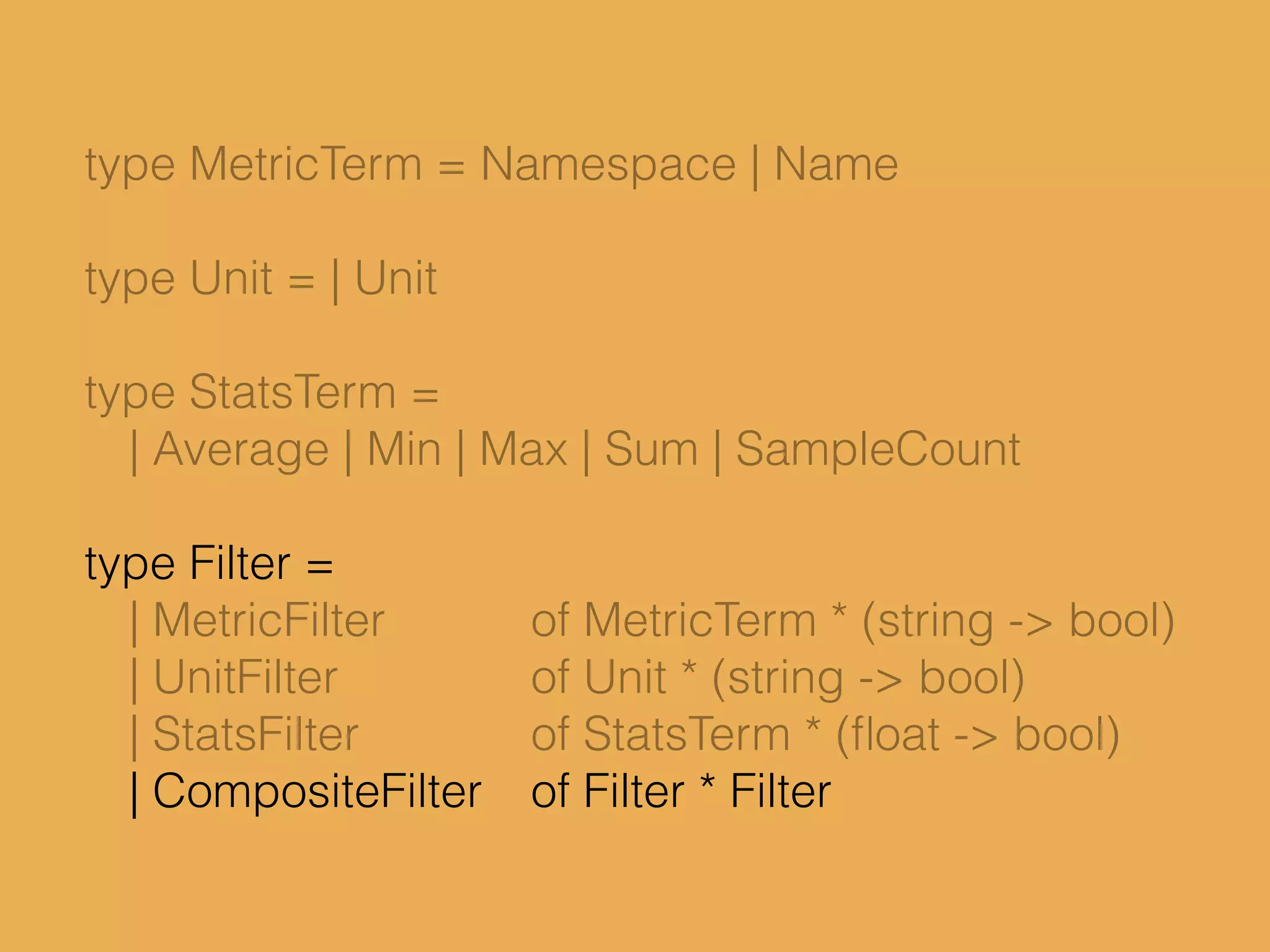 type MetricTerm = Namespace | Name
type Unit = | Unit
type StatsTerm =
| Average | Min | Max | Sum | SampleCount
type Filter =
| MetricFilter of MetricTerm * (string -> bool)
| UnitFilter of Unit * (string -> bool)
| StatsFilter of StatsTerm * (ﬂoat -> bool)
| CompositeFilter of Filter * Filter
 