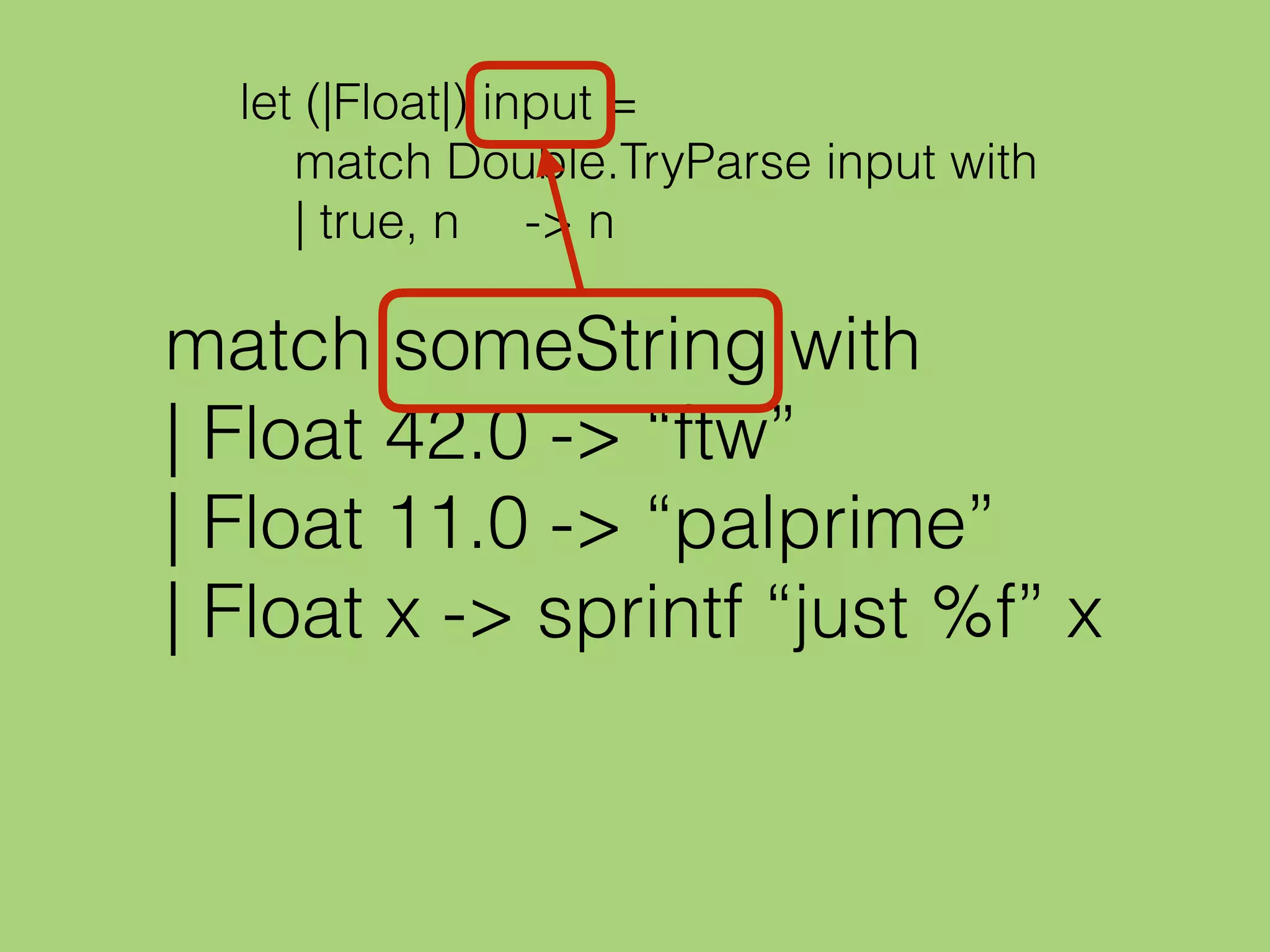 let (|Float|) input =
match Double.TryParse input with
| true, n -> n
match someString with
| Float 42.0 -> “ftw”
| Float 11.0 -> “palprime”
| Float x -> sprintf “just %f” x
 