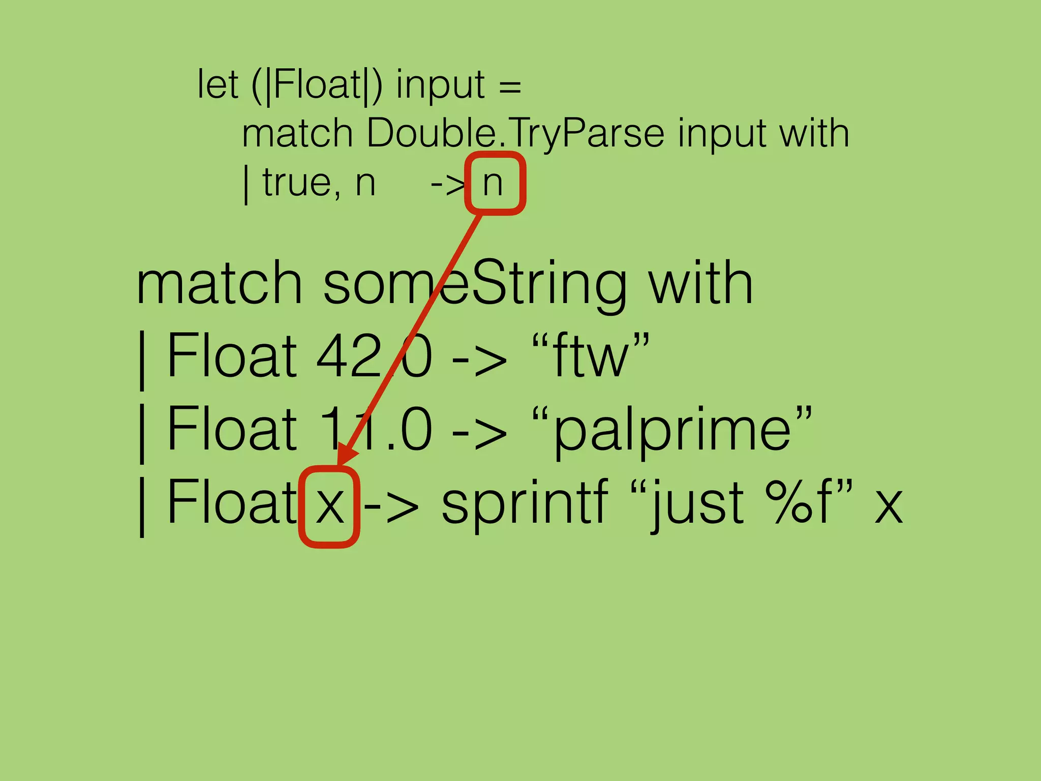 match someString with
| Float 42.0 -> “ftw”
| Float 11.0 -> “palprime”
| Float x -> sprintf “just %f” x
let (|Float|) input =
match Double.TryParse input with
| true, n -> n
 