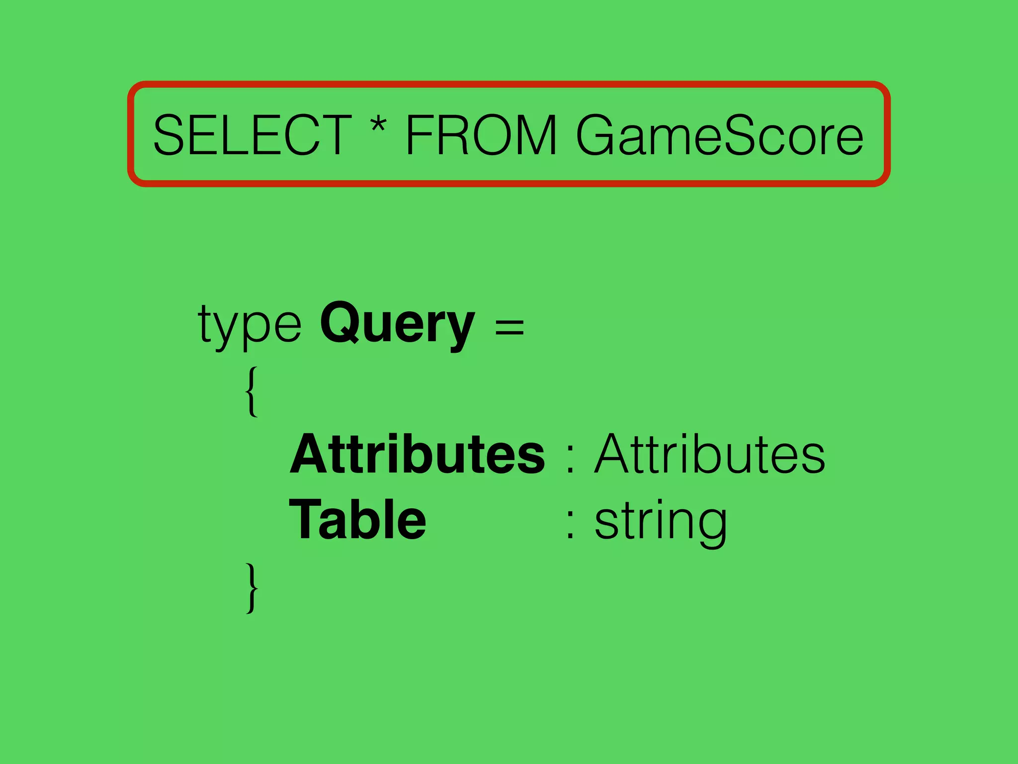 SELECT * FROM GameScore
type Query =
{
Attributes : Attributes
Table : string
}
 