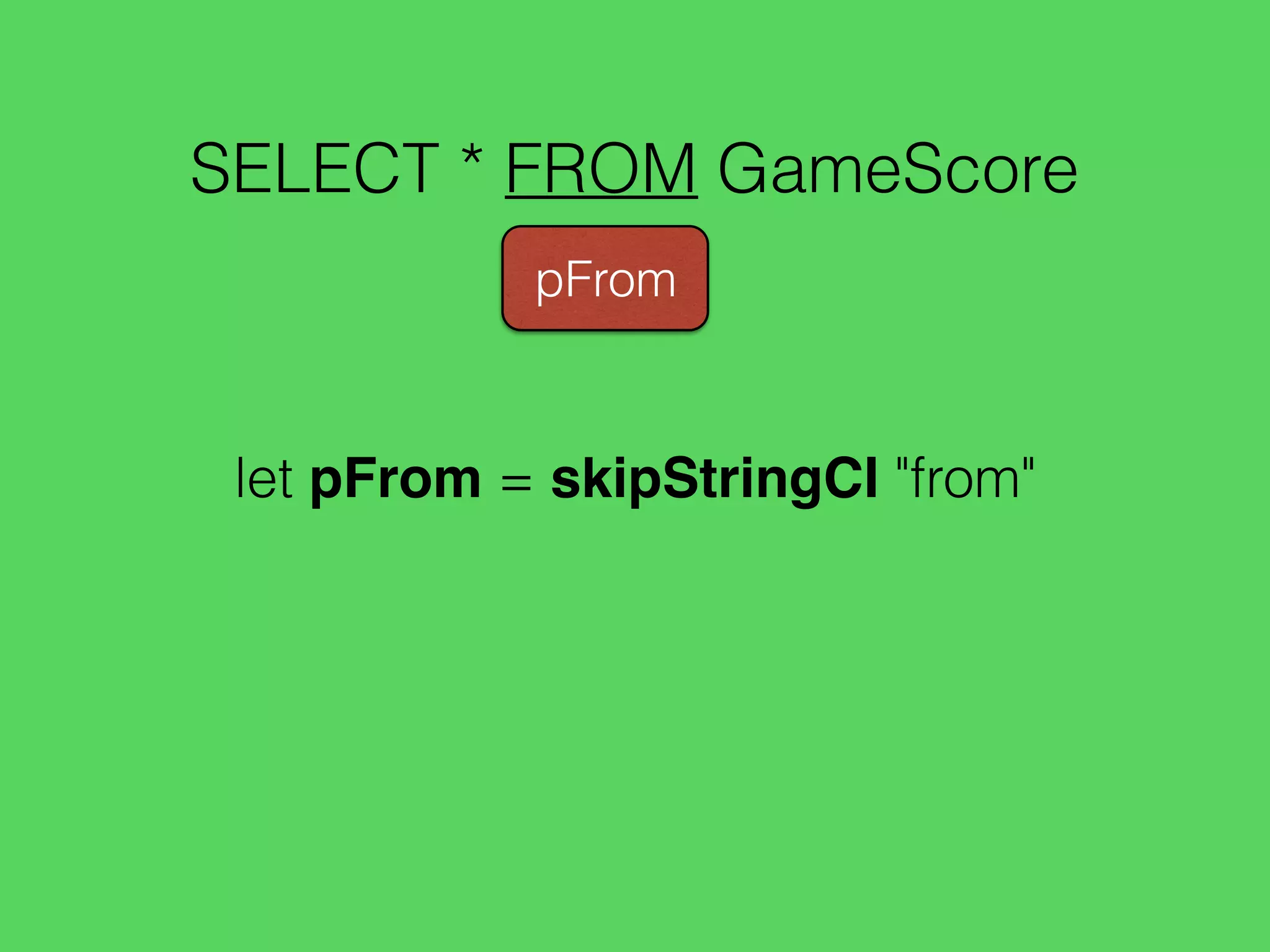 SELECT * FROM GameScore
pFrom
let pFrom = skipStringCI "from"
 