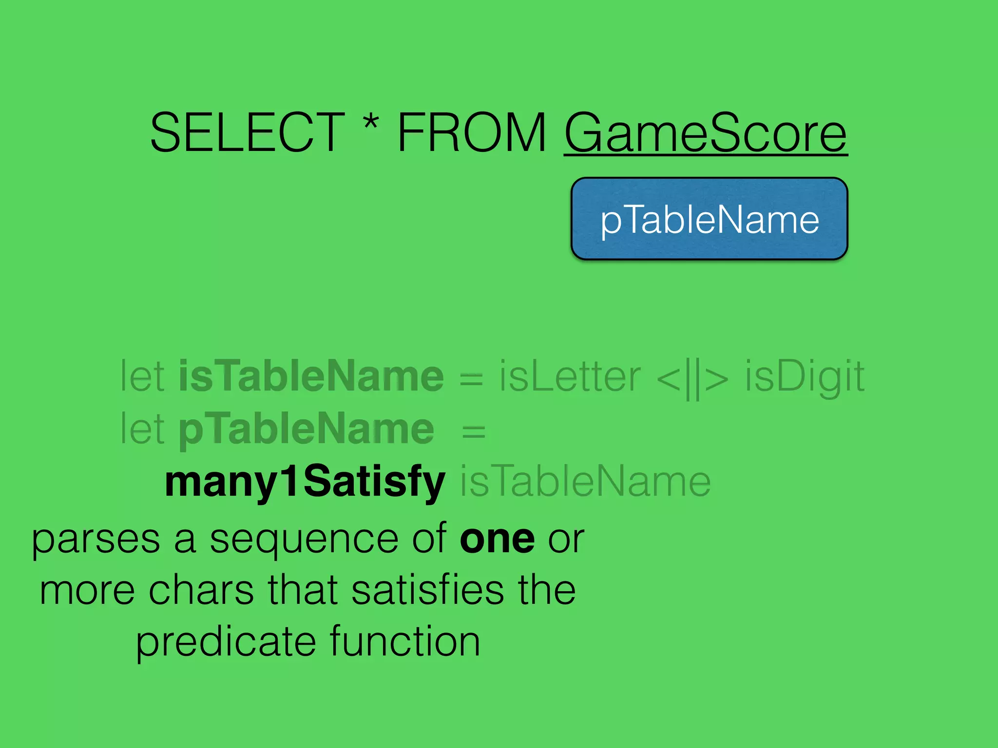 SELECT * FROM GameScore
pTableName
let isTableName = isLetter <||> isDigit
let pTableName =
many1Satisfy isTableName
parses a sequence of one or
more chars that satisﬁes the
predicate function
 