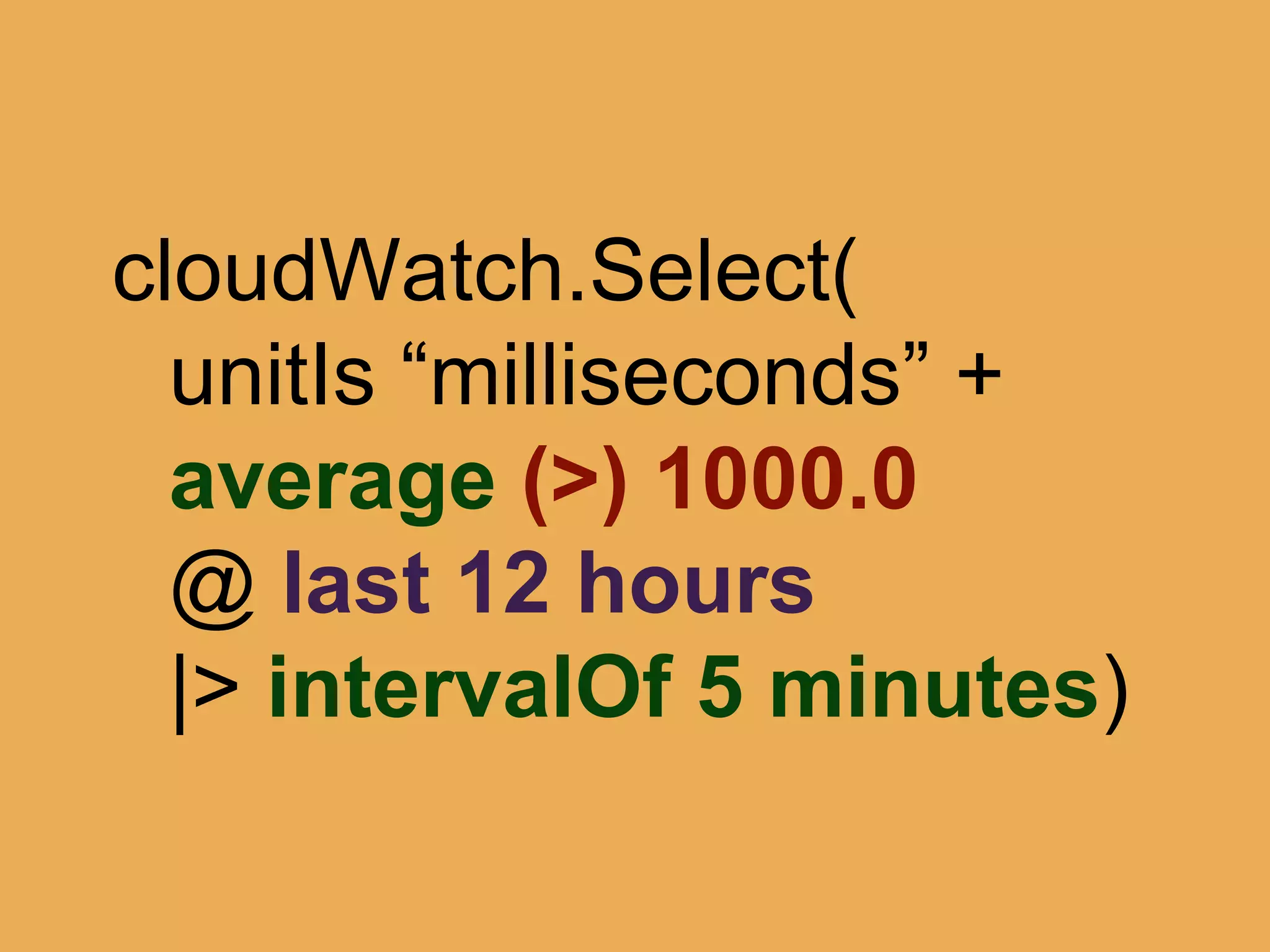 @theburningmonk
namespaceIs ‘JustEat’ and
nameLike ‘cpu’ and
unitIs ‘milliseconds’ and
average > 1000.0
duringLast 12 hours
at intervalOf 5 minutes
 