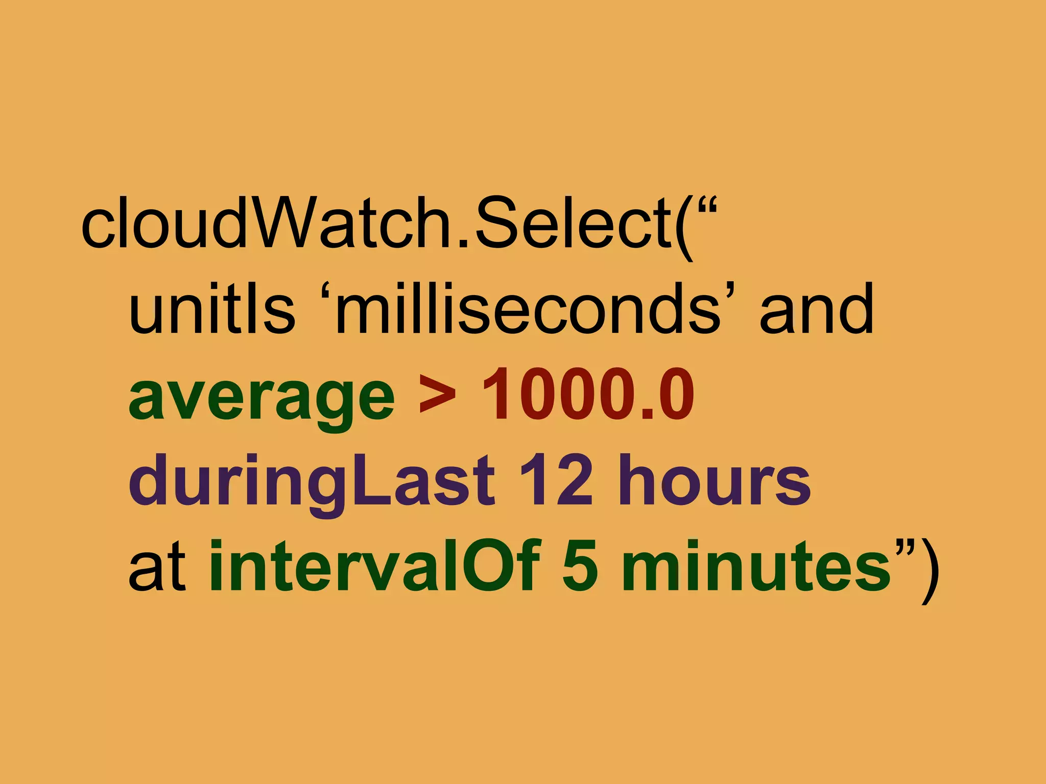 @theburningmonk
type MetricTerm = Namespace | Name
type Unit = | Unit
type StatsTerm =
| Average | Min | Max | Sum | SampleCount
type Filter =
| MetricFilter of MetricTerm * (string -> bool)
| UnitFilter of Unit * (string -> bool)
| StatsFilter of StatsTerm * (ﬂoat -> bool)
 