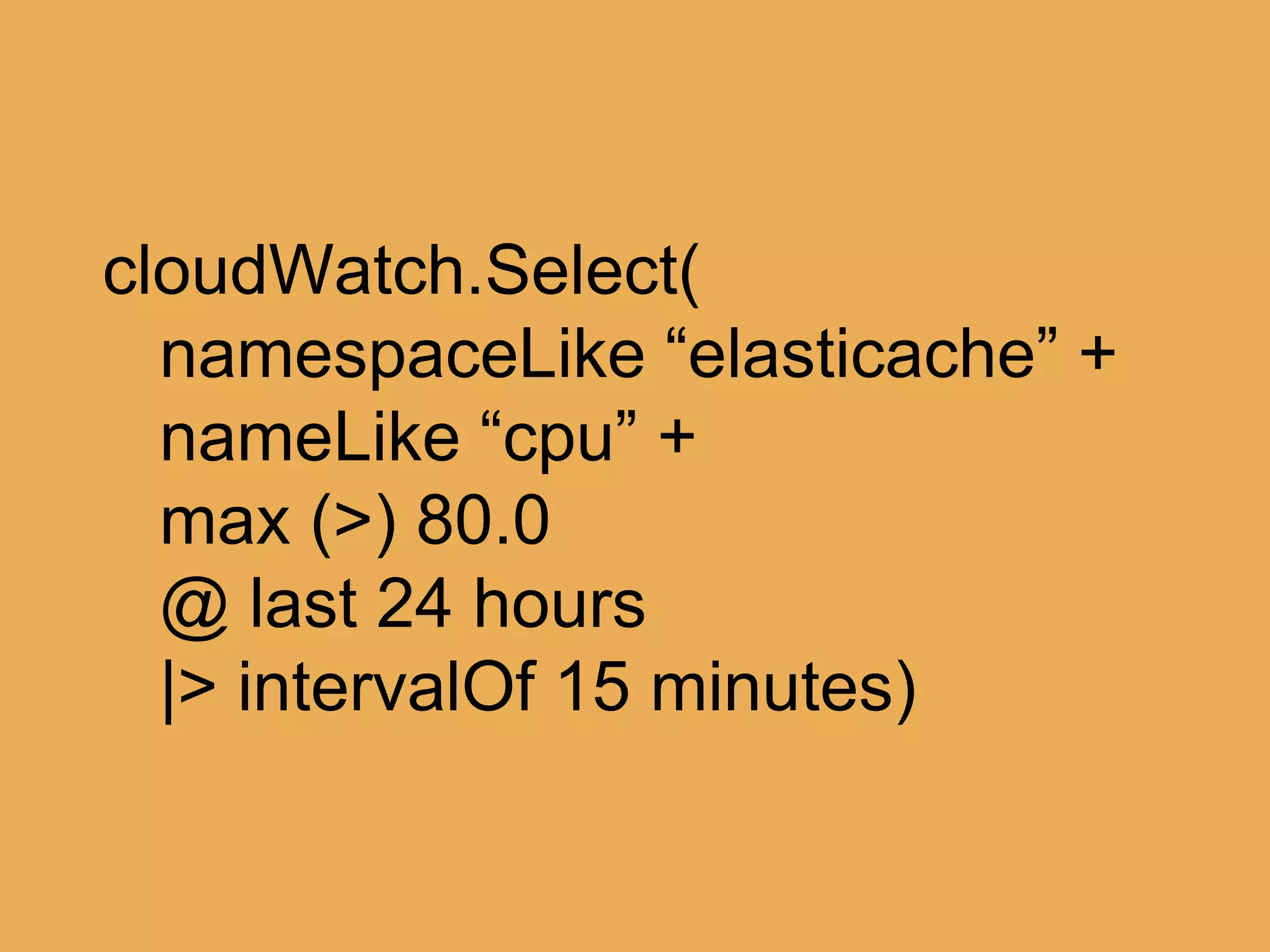 @theburningmonk
type MetricTerm = Namespace | Name
type Unit = | Unit
type StatsTerm =
| Average | Min | Max | Sum | SampleCount
type Filter =
| MetricFilter of MetricTerm * (string -> bool)
| UnitFilter of Unit * (string -> bool)
| StatsFilter of StatsTerm * (ﬂoat -> bool)
| CompositeFilter of Filter * Filter
 