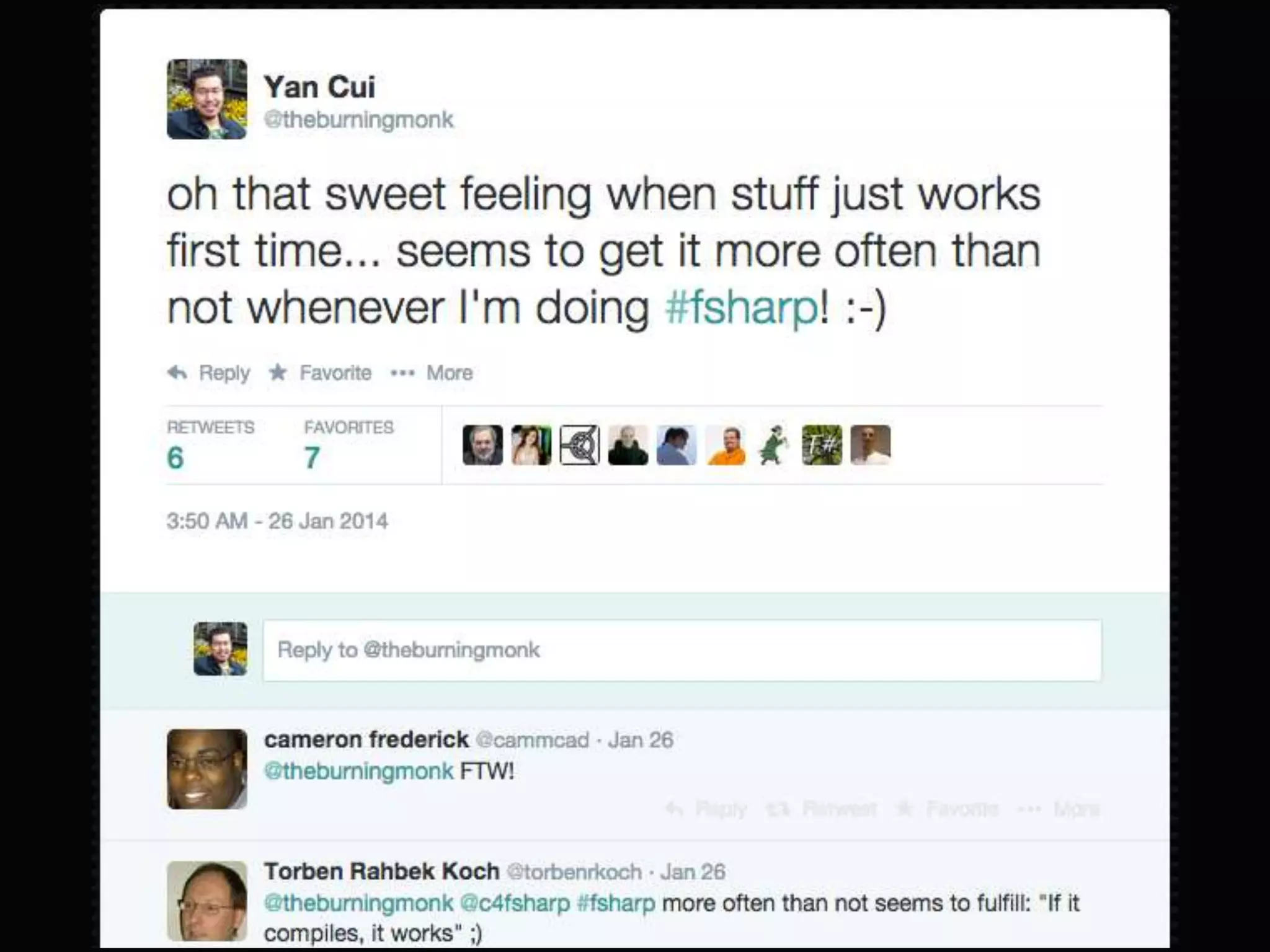 @theburningmonk
let (|Prime|NotPrime|NaN|) input =
match Double.TryParse input with
| true, n when isPrime n -> Prime n
| true, n -> NotPrime n
| _ -> NaN
 
