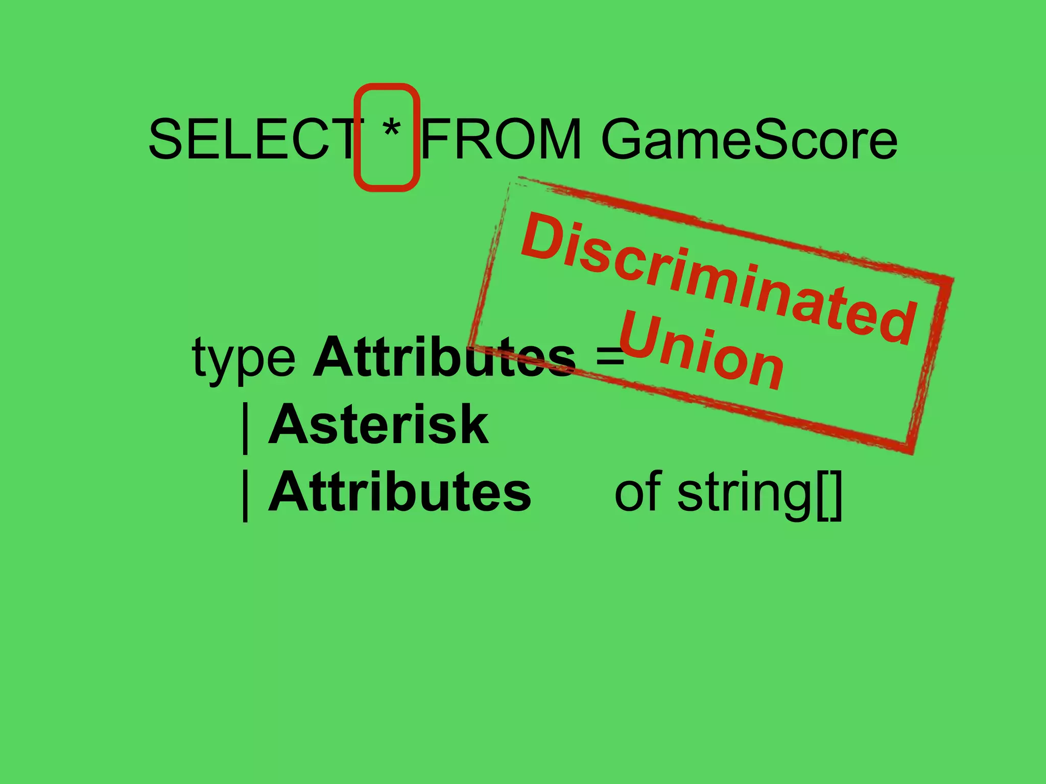 @theburningmonk
SELECT * FROM GameScore
pTableName
let isTableName = isLetter <||> isDigit
let pTableName =
many1Satisfy isTableName
 