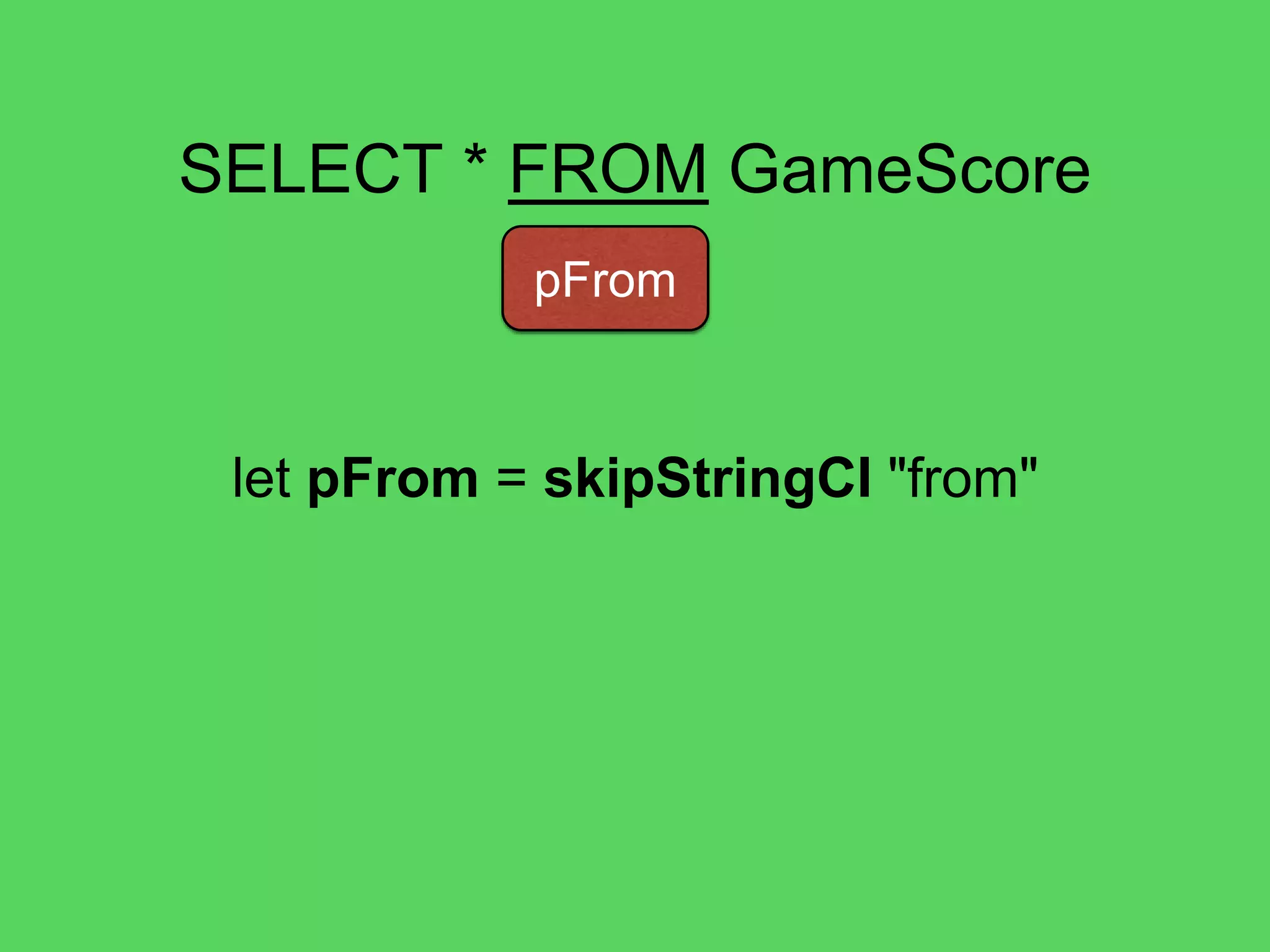 @theburningmonk
SELECT * FROM GameScore
UserId, GameTitle, TopScore, …
pAttributeName pCommapAsterisk
*
let pAttributeNames =
sepBy1 pAttributeName pComma
 
