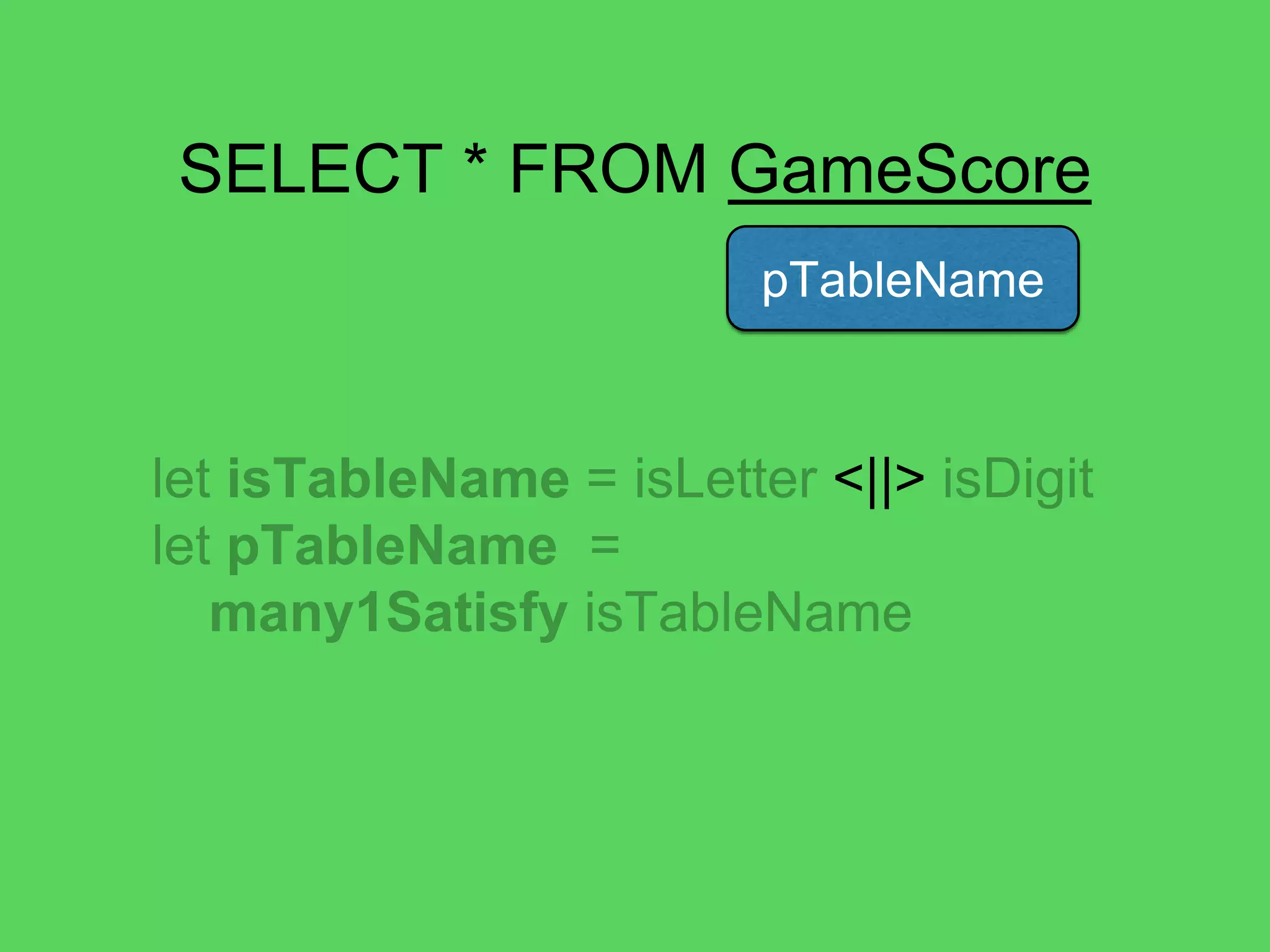 @theburningmonk
SELECT * FROM GameScore
pAsterisk
*
pAttributeNames
UserId, GameTitle, TopScore, …
let pAttribute =
pAsterisk <|> pAttributeNames
 