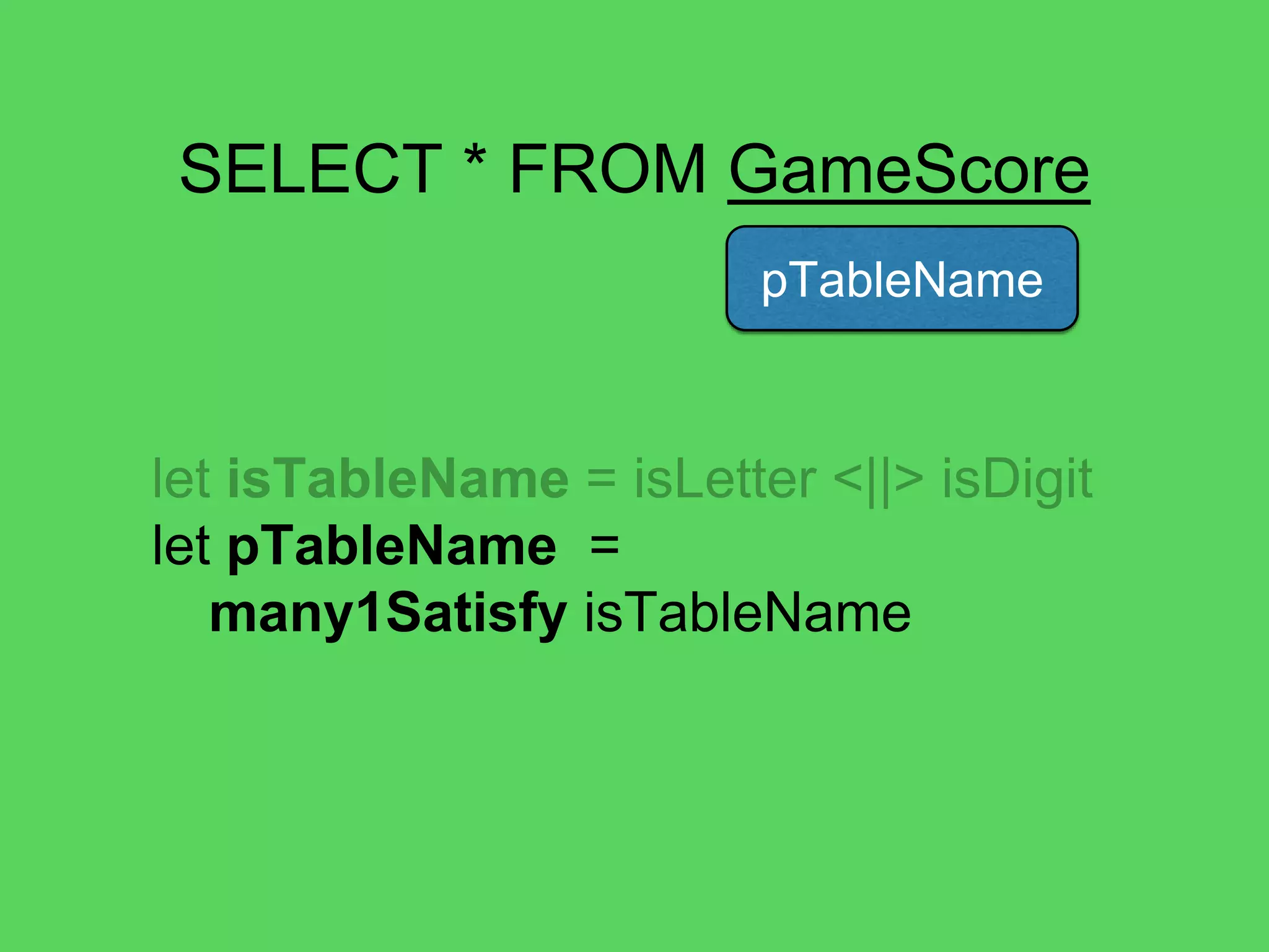 @theburningmonk
SELECT * FROM GameScore
pAsterisk
*
pAttributeNames
UserId, GameTitle, TopScore, …
let pAttribute =
pAsterisk <|> pAttributeNames
 