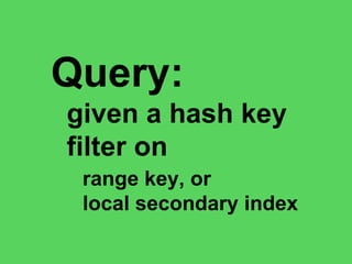 Hash Key Range Key
Local Secondary Index
Global Secondary Index
 