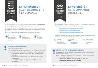 1.2

LA PERTINENCE :
ADAPTER VOTRE SITE
À LA DEMANDE
_

1.3

Le premier critère suivi par Google pour juger votre site web est l’adéquation
de son contenu avec les mots clés cherchés par les internautes.

Google est très sensible au nombre de liens qui pointent vers votre site :
les backlinks. Ces liens peuvent être de plusieurs types :

Les règles d’appréciation de Google évoluant en continu, il est indispensable
de suivre leur évolution et d’adapter le contenu de vos pages le plus souvent
possible.

→  es partenaires qui référencent vos produits,
D
→  es annuaires qui proposent votre site,
D
→  es contenus que vous publiez d’autres sites,
D

Pour ce faire, Tamento s’attache à réaliser 3 prestations en continu :
Être en veille
sur l’évolution
des algorithmes
de Google

Auditer
régulièrement
les pages du site

LA NOTORIÉTÉ :
FAIRE CONNAITRE
VOTRE SITE
_

Il est très important de créer des liens de bonne qualité vers vos pages pour
améliorer le positionnement des pages de votre site.

Optimiser
les pages
en continu

Inscrire
vos pages
régulièrement
sur des annuaires

Créer
des contenus
de valeur et
les diffuser

Aller chercher
personnellement
les meilleurs
liens

ASTUCE : QU’EST-CE LE SEO ?
Search Engine Optimisation

ASTUCE : QU’EST-CE QU’UN BON BACKLINK ?

C’est l’ensemble des règles à appliquer sur vos pages web pour que
Google les interprète au mieux. Parmi les règles importantes du SEO :
•  ’optimisation sémantique de la page : titre, légendes, mots
L
en gras…
•  ’optimisation technique de la page : balise H1, sitemap.xml,
L
microdatas, …
•  a qualité de la page : son langage, sa rapidité, son taux
L
de rebond, …
4

LES PRINCIPES DE BASE D’UN BON RÉFÉRENCEMENT

Un backlink est un lien posé sur un autre site et qui mène vers votre site
lorsqu’on clique dessus.
Il sert à la fois aux utilisateurs pour naviguer et à Google pour mesurer
votre notoriété. Un bon backlink :
• Contient un titre (une ancre) proche de vos mots clés,
• Est sur une page avec un bon PageRank.

5

LES PRINCIPES DE BASE D’UN BON RÉFÉRENCEMENT

 