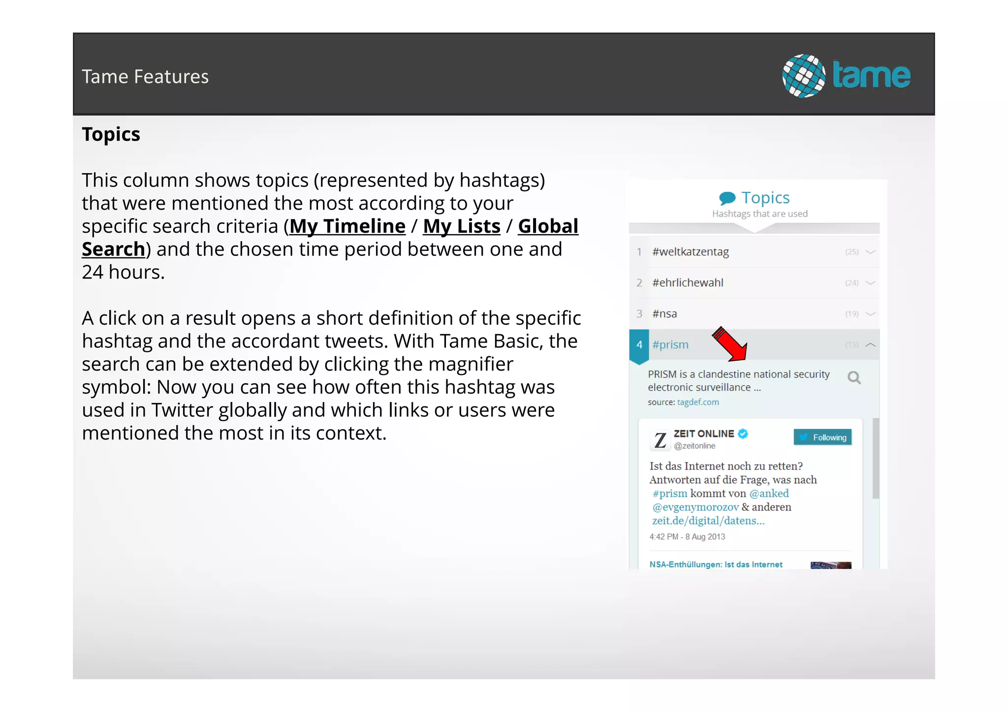 Topics
This column shows topics (represented by hashtags)
that were mentioned the most according to your
specific search criteria (My Timeline / My Lists / Global
Search) and the chosen time period between one and
24 hours.
A click on a result opens a short definition of the specific
hashtag and the accordant tweets. With Tame Basic, the
search can be extended by clicking the magnifier
Tame Features
search can be extended by clicking the magnifier
symbol: Now you can see how often this hashtag was
used in Twitter globally and which links or users were
mentioned the most in its context.
 
