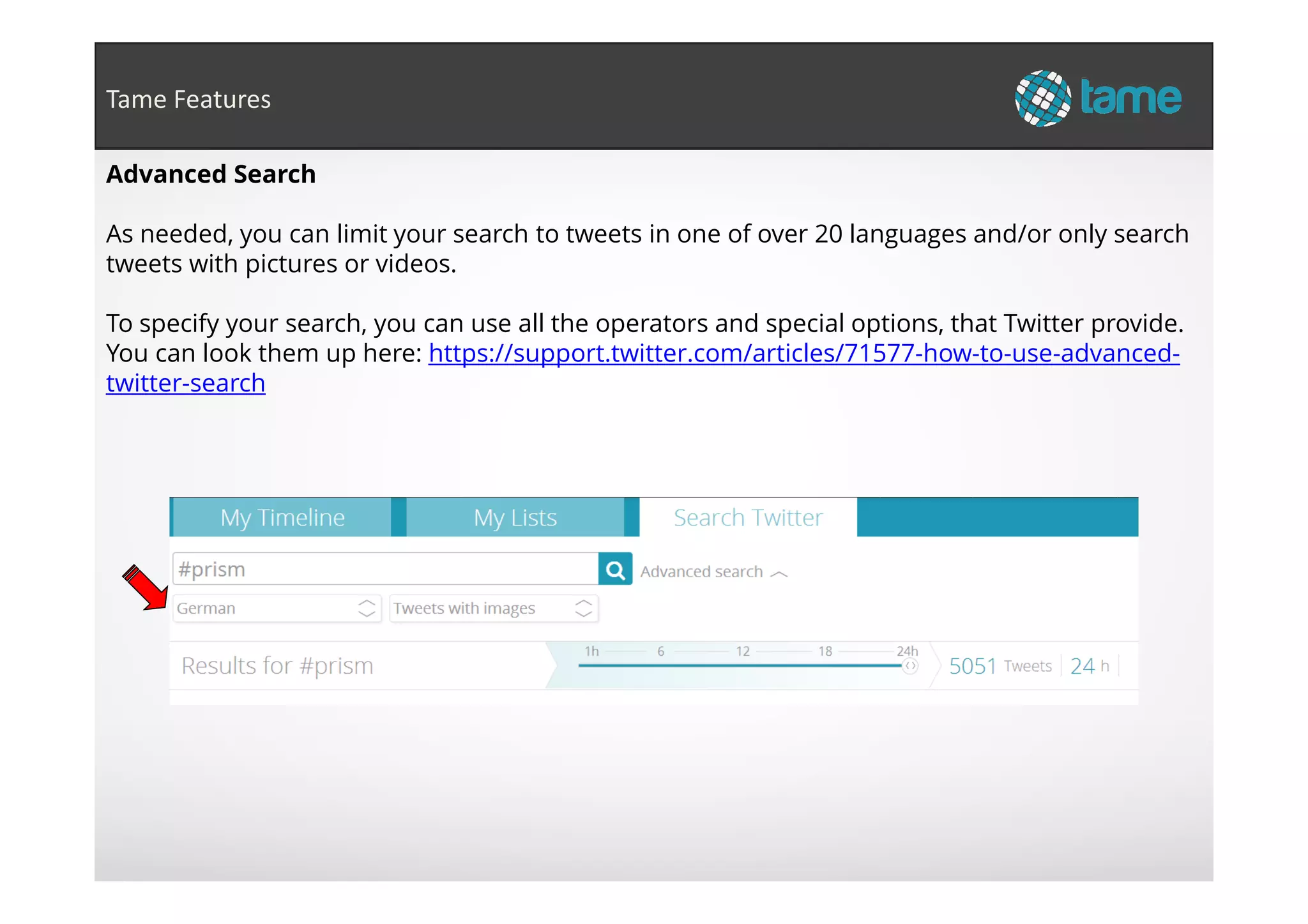 Advanced Search
As needed, you can limit your search to tweets in one of over 20 languages and/or only search
tweets with pictures or videos.
To specify your search, you can use all the operators and special options, that Twitter provide.
You can look them up here: https://support.twitter.com/articles/71577-how-to-use-advanced-
twitter-search
Tame Features
 