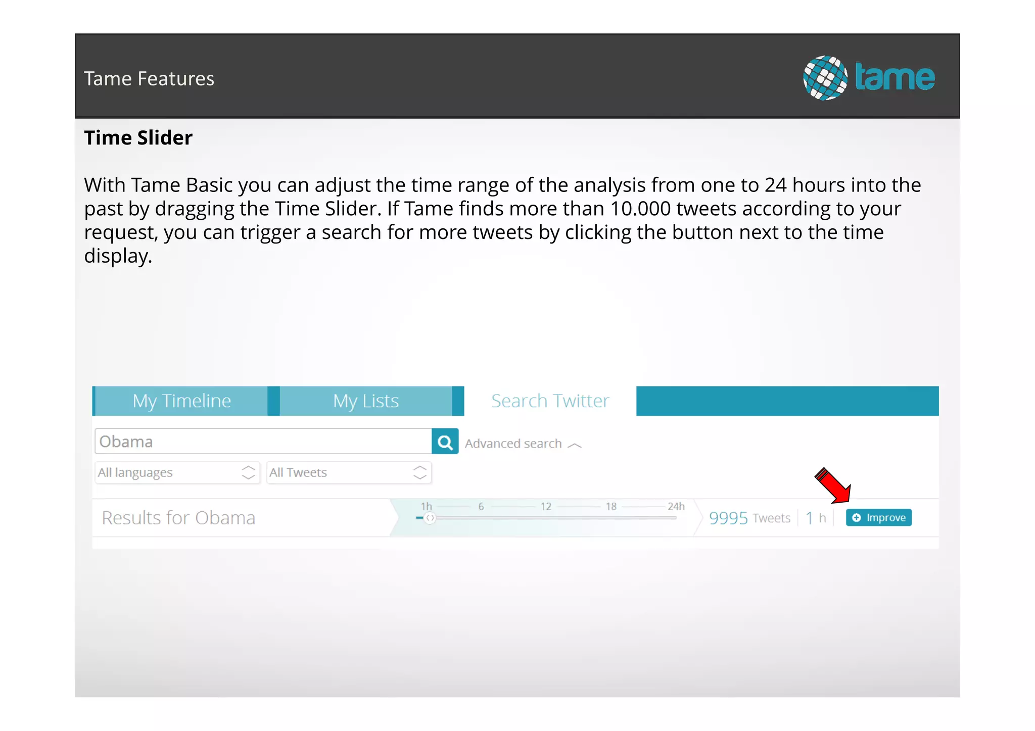 Time Slider
With Tame Basic you can adjust the time range of the analysis from one to 24 hours into the
past by dragging the Time Slider. If Tame finds more than 10.000 tweets according to your
request, you can trigger a search for more tweets by clicking the button next to the time
display.
Tame Features
 