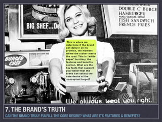 This is where we
                                   determine if the brand
                                   can deliver on its
                                   promise, the moment
                                   where the rubber meets
                                   the road. This is “white
                                   paper” territory, the
                                   features and benefits
                                   section. What are the
                                   key facts that support
                                   your belief that the
                                   brand can satisfy the
                                   core desire of the
                                   conceptual target?




7. THE BRAND’S TRUTH
CAN THE BRAND TRULY FULFILL THE CORE DESIRE? WHAT ARE ITS FEATURES & BENEFITS?
 