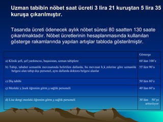 Uzman tabibin nöbet saat ücreti 3 lira 21 kuruştan 5 lira 35 kuruşa çıkarılmıştır. Tasarıda ücreti ödenecek aylık nöbet süresi 80 saatten 130 saate çıkarılmaktadır. Nöbet ücretlerinin hesaplanmasında kullanılan gösterge rakamlarında yapılan artışlar tabloda gösterilmiştir. 30’dan 50’ye arttırılıyor. d) Lise dengi mesleki öğrenim görmüş sağlık personeli 40’dan 60’a ç) Mesleki yüksek öğrenim görmüş sağlık personeli 50’den 80’e c) Diş tabibi 55’den 90’a b) Tabip, tababet uzmanlık mevzuatında belirtilen dallarda, bu mevzuat hükümlerine göre uzmanlık belgesi alan tabip dışı personel, aynı dallarda doktora belgesi alanlar 60’dan 100’e a) Klinik şefi, şef yardımcısı, başasistan, uzman tabiplere Gösterge 