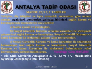 MADDE  12 / f 2, 3  TABİPLER Tabipler, diş tabipleri ve tıpta uzmanlık mevzuatına göre uzman olanlar,  aşağıdaki bentlerden yalnızca birindeki  sağlık kurum ve kuruluşlarında mesleklerini icra edebilir: a) Kamu kurum ve kuruluşları.  b) Sosyal Güvenlik Kurumu ve kamu kurumları ile sözleşmeli çalışan özel sağlık kurum ve kuruluşları, Sosyal Güvenlik Kurumu ve kamu kurumları ile sözleşmeli çalışan vakıf üniversiteleri.  c) Sosyal Güvenlik Kurumu ve kamu kurumları ile sözleşmesi bulunmayan özel sağlık kurum ve kuruluşları, Sosyal Güvenlik Kurumu ve kamu kurumları ile sözleşmesi bulunmayan vakıf üniversiteleri, serbest meslek icrası.  Yürürlüğe  Giriş 30.07.2010 Altı Çizili Cümlenin Anayasanın 2, 10, 13 ve 17.  Maddelerine Aykırılığı Gerekçesiyle İptali İstendi) AVUKAT SEMİH ÖNEM 