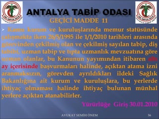 GEÇİCİ MADDE  11  Kamu kurum ve kuruluşlarında memur statüsünde çalışmakta iken 26/5/1995 ile 1/1/2010 tarihleri arasında görevinden çekilmiş olan ve çekilmiş sayılan tabip, diş tabibi, uzman tabip ve tıpta uzmanlık mevzuatına göre uzman olanlar, bu Kanunun yayımından itibaren  altı ay içerisinde  başvurmaları halinde, açıktan atama izni aranmaksızın, görevden ayrıldıkları ildeki Sağlık Bakanlığına ait kurum ve kuruluşlara, bu yerlerde ihtiyaç olmaması halinde ihtiyaç bulunan münhal yerlere açıktan atanabilirler.  Yürürlüğe  Giriş 30.01.2010 AVUKAT SEMİH ÖNEM 