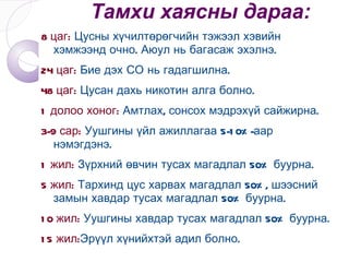 Химийн бодис: Тамхины утаанд 500 гаруй төрлийн химийн бодис агуулагддаг. /навчинд, зарим нь шатах явцад үүсдэг/  Никотин  /Нико гэдэг Португаль/ Төв мэдрэлийн тогтолцоог цочроох 