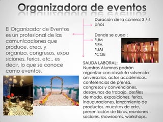 Duración de la carrera: 3 / 4
                                  años
El Organizador de Eventos
es un profesional de las          Donde se cursa :
comunicaciones que                *UM
                                  *IEA
produce, crea, y                  *UAI
organiza, congresos, expo         *COE
siciones, ferias, etc., es
                             SALIDA LABORAL:
decir, lo que se conoce
                             Nuestros Alumnos podrán
como eventos.                organizar con absoluta solvencia
                             aniversarios, actos académicos,
                             conferencias de prensa,
                             congresos y convenciones,
                             desayunos de trabajo, desfiles
                             de moda, exposiciones, ferias,
                             inauguraciones, lanzamiento de
                             productos, muestras de arte,
                             presentación de libros, reuniones
                             sociales, showrooms, workshops.
 