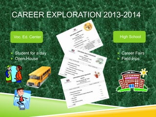 CAREER EXPLORATION 2013-2014 
Voc. Ed. Center High School 
 Student for a day 
 Open House 
 Career Fairs 
 Field trips 
 