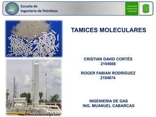 Escuela de 
Ingeniería de Petróleos 
TAMICES MOLECULARES 
CRISTIAN DAVID CORTÉS 
2104668 
ROGER FABIAN RODRIGUEZ 
2104674 
INGENIERIA DE GAS 
ING. MUANUEL CABARCAS 
http://www.kockenenergia.com/ 
 
