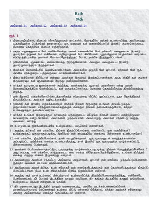 Ruth
&j;
mjpfhuk; 01 mjpfhuk; 02 mjpfhuk; 03 mjpfhuk; 04
&j; 1
1 epahahjpgjpfs;> epahak; tprhupj;JtUk; ehl;fspy;> Njrj;jpNy gQ;rk; cz;lhapw;W. mg;nghOJ
a+jhtpYs;s ngj;yNfk; Cuhdhfpa xU kDd; jd; kidtpNahLk; ,uz;L FkhuNuhLq;$l
Nkhthg; Njrj;jpNy Ngha;r; rQ;rupj;jhd;.
2 me;j kDDila NgH vypnkNyf;F> mtd; kidtpapd; NgH eNfhkp> mtDila ,uz;L
Fkhuupy; xUtd; NgH kf;Nyhd;> kw;nwhUtd; NgH fpypNahd;. a+jhtpYs;s ngj;yNfk; Cuhfpa
vg;gpuhj;jpauhfpa mtHfs; Nkhthg;Njrj;jpw;Fg; Ngha;> mq;Nf ,Ue;Jtpl;lhHfs;.
3 eNfhkpapd; GUdhfpa vypnkNyf;F ,we;JNghdhd;. mtSk; mtSila ,uz;L
FkhuUk;khj;jpuk; ,Ue;jhHfs;.
4 ,tHfs; Nkhthgpaupy; ngz;nfhz;lhHfs;. mtHfspy; xUj;jp NgH xHghs;> kw;wts; NgH &j;.
mq;Nf Vwf;Fiwa gj;JtUk; thrk;gz;zpdhHfs;.
5 gpd;G kf;Nyhd; fpypNahd; vd;Dk; mtHfs; ,UtUk; ,we;JNghdhHfs;. me;j ];jpup jd; FkhuH
,UtiuAk; jd; GUidAk; ,oe;J jdpj;jtshdhs;.
6 fHj;jH jk;Kila [dq;fisr; re;jpj;J> mtHfSf;F Mfhuk; mUspdhH vd;W mts;
Nkhthg;Njrj;jpNy Nfs;tpg;gl;L> jd; kUkf;fNshL$l Nkhthg; Njrj;jpypUe;J jpUk;gptUk;gb
vOe;J>
7 jd; ,uz;L kUkf;fNshLq;$lj;jhdpUe;j ];jyj;ij tpl;Lg; Gwg;gl;lhs;. a+jh Njrj;jpw;Fj;
jpUk;gpg;Nghf> mtHfs; topelf;ifapy;>
8 eNfhkp jd; ,uz;L kUkf;fisAk; Nehf;fp ePq;fs; ,UtUk; cq;fs; jha;tPl;Lf;Fj;
jpUk;gpg;Nghq;fs;. kupj;Jg;NghdtHfSf;Fk; vdf;Fk; ePq;fs; jianra;jJNghy> fHj;jH
cq;fSf;Fk; jianra;thuhf.
9 fHj;jH cq;fs; ,UtUf;Fk; tha;f;Fk; GUDila tPl;bNy ePq;fs; Rfkha; tho;e;jpUf;fr;
nra;thuhf vd;W nrhy;yp> mtHfis Kj;jkpl;lhs;. mg;nghOJ mtHfs; rj;jkpl;L mOJ>
mtisg; ghHj;J
10 ck;Kila [dj;jz;ilf;Nf ck;Kld;$l tUNthk; vd;whHfs;.
11 mjw;F eNfhkp vd; kf;fNs> ePq;fs; jpUk;gpg;Nghq;fs;. vd;NdhNl Vd; tUfpwPHfs;?
cq;fSf;Fg; GUuhFk;gbf;F> ,dpNky; vd; fHg;gj;jpNy vdf;Fg; gps;isfs; cz;lhFNkh?
12 vd; kf;fNs> jpUk;gpg;Nghq;fs;. ehd; taJnrd;wts;. xU GUDld; thoj;jf;ftsy;y.
mg;gbg;gl;l ek;gpf;if vdf;F cz;lhapUe;J> ehd; ,utpy; xU GUDf;F tho;f;ifg;gl;L>
gps;isfisg; ngw;whYk;>
13 mtHfs; ngupatHfshFkl;Lk;> GUUf;F tho;f;ifg;glhjgbf;F> ePq;fs; nghWj;jpUg;gPHfNsh ?
mJ $lhJ. vd; kf;fNs> fHj;jUila if vdf;F tpNuhjkhapUf;fpwjpdhy;> cq;fs; epkpj;jk;
vdf;F kpFe;j tprdk; ,Uf;fpwJ vd;whs;.
14 mg;nghOJ mtHfs; rj;jkpl;L mjpfkha; mOjhHfs;. xHghs; jd; khkpia Kj;jkpl;Lg;Nghdhs;.
&j;Njh mtis tplhky; gw;wpf;nfhz;lhs;.
15 mg;nghOJ mts; ,Njh> cd; rNfhjup jd; [dq;fsplj;Jf;Fk; jd; NjtHfsplj;Jf;Fk; jpUk;gpg;
Ngha;tpl;lhNs. ePAk; cd; rNfhjupapd; gpwNf jpUk;gpg;Ngh vd;whs;.
16 mjw;F &j; ehd; ck;ikg; gpd;gw;whky; ck;iktpl;Lj; jpUk;gpg;Nghtijf;Fwpj;J> vd;NdhNl
NgrNtz;lhk;. ePH NghFk; ,lj;jpw;F ehDk; tUNtd;. ePH jq;Fk; ,lj;jpNy ehDk; jq;FNtd;.
ck;Kila Njtd; vd;Dila Njtd;.
17 ePH kuzkilAk; ,lj;jpy; ehDk; kuzkile;J> mq;Nf mlf;fk;gz;zg;gLNtd;.
kuzNkay;yhky; Ntnwhd;Wk; ck;ik tpl;L vd;idg; gpupj;jhy;> fHj;jH mjw;Fr; rupahfTk;
mjw;F mjpfkhfTk; vdf;Fr; nra;af;fltH vd;whs;.
 