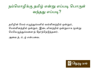 இடந்த மூன்று ொமய்களுடைன் உலகின் முதல் உயிொரழுத்துக்கைள 
வொிைசைப்படுத்தி முைறையேய கூட்டி 
த் + அவ கூடி 'த' வொகவம், 
ம் + இட கூடி 'மி' யொகவம், 
ழ் + உ கூடி "ழு" வொகவம் 
என்று தமிழு என்று ஆக்கி, பிறையகு கைடைொயழுத்திலுல்ல உகரத்ைதத் 
நீக்கி தமிழ் என்று அவைழத்தனர். 
 