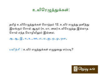 ெமய்ெயழுத்துக்கள்: 
தமிழ் ெமய்ெயழுத்துக்கள் ெமோத்தம் 18. 
க், ங், ச், ஞ், ட், ண், த், ந், ப், ம், ய், ர், ல், வக், ழ், ள், ற், ன் 
பயிற்சி : ெமய ்எழுத்துக்கள் எழுதுவகது எப்படி? 
 