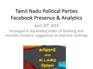 Tamil Nadu Political Parties
Facebook Presence & Analytics
April 20th 2016
Arranged in Ascending order of Ranking and
includes Tandora’ suggestion to improve rankings
 
