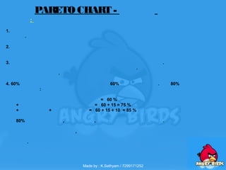 :
1.
.
2.
3. .
.
.
4. 60% 60% . 80%
:
 
= 60 %
+ = 60 + 15 = 75 %
+ + = 60 + 15 + 10 = 85 %
80% , , .
  ,
.
PARETO CHART -
Made by : K.Sathyam / 7299171252
 