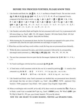 BEFORE YOU PROCEED FURTHER, PLEASE KNOW THIS
.


1. Like Sanskrit and Hindi, the அ, இ, உ A, }, q are Basic or Simple Vowels. The rest nine vowels
    ஆ, ஈ, ஊ, எ, ஏ, ஐ, ஒ, ஓ, ஔ Aa, }|, Q, ], ]â, ]e, Aae, Aaâ, AaE are Compound Vowels,
    composed of the Basic three vowels. e.g. ஆ = அ + அ; ஈ = இ + இ; ஊ = உ + உ;
    எ = அ + இ; ஏ = அ + ஈ; ஐ = அ + அ + இ; ஒ = அ + உ; ஓ = அ + ஊ;
    ஔ = அ + அ + உ. Aa = A + A; }| = } + }; Q = q + q; ] = A + }; ]â = A + }|; ]e =
    A + A + }; Aae = A + q; Aaâ = A + Q; AaE = A + A + q.

2. Like Sanskrit, and unlike Hindi and English, the last consonant (with vowel A a), is pronounced with
    full stress (long). e.g. Tamil : பக (pak, bak depart); Sanskrit : bak (baka Stork); Hindi : bak (bak
    pronounced as bak‘ Stork); English : Buck (bak‘ buk Dollar).

3. While learning the 18 consonants by heart, the first 10 consonants are repeated in five pairs of two
   consonants each, then the rest eight consonants are said singly or in pairs of two.

4. When there are short and long vowels within a word, the long ones are pronounced more distinctly.

5. Within the above mentioned five pairs, each initial consonant is followed by its corresponding
    (devanagri) nasal consonant e.g. கங, சஞ, டண, தந, பம                     kG, caØa, @Na, tana, pama;

6. The next four consonants form two pairs like the Devanagari Alphabet. ய ர, ல வ ya r, La va; y
   r, l v

7. No Tamil word begins with the last four consonants ழ, ள, ற, ன.

8. A Tamil mute or half consonant (with the dot over it) is named by prefixing இ i } sound to that
    consonant. e.g. க ங ச ... ம ர              = k G ca ... ma r ka, nga, cha ... ma, ra etc.;
                              ச ...          etc. = }k‘ }G` }ca` ... }ma` }r` ik, ing, ich ... im, ir etc.;

9. Like Sanskrit and Hindi, when Tamil consonants are doubled they are pronounced more distinctly
    and strongly than they are done in English. e.g. Tamil : ப டண                       (pa£Nama`   pat>t>anam City).
    Sanskrit : pa£nama` (pat>t>anam City); Hindi : pa£na ( pat>t>an City); English : butter (ba@r).

10. When a word begins with vowel எ (e ]) or ஏ (eâ ]â), these vowels are sounded like ேய (yae ye), as
    in Hindi, vowel ] (e) is sounded like yae (ye). e.g. Tamil : எ         ன (yenna, yae² What?) ஏ              (yen
    yaena` Why?); Hindi ga], gayae ( gae, gaye Gone); Sanskrit : yaena (yena By whom).
    NOW YOU ARE READY TO LEARN READING, WRITING and SPEAKING TAMIL.


                                              books-india.com
 