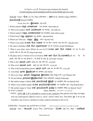 In Tamil is, are (hE, hE>) need not get translated, like Sanskrit.
                  A Tamil sentence can be translated word for word in Hindi and vice versa.

 VOCAB : Name = ேப                  per paer`, Place (gaa{va/sYaana) = ஊ u@r Qr`, Mother tongue (maataBaaPaa) =
 தா      ெமாழி ta@ymol<i taaya`maaei<`,
                Is not, Not, No = இ            ைல illai }LLaE.
1. Which student? எ த மாணவ                              ]nd maaNavana` enda ma@n<van
1a. Who is the student? யா              மாணவ                 yaar` maaNavana` ya@r ma@n<van
2. Which students? எ த மாணவ க                             ]nd maaNavah|<` enda ma@n<avargal<
3. Which book? எ                  தக         ]du pauTahma`? edu puttaham
4. Which one? This one. எ த? இ                        . ]nd? }du end? idu.
5. What is your name? உ              க ேப         எ      ன q>ga paer` ]²? (Aapaka naama Kyaa hE?) un[g per enna
6. My name is Ratnakar எ                ேப        ர னாகர               ]na` paer` rtnaakrna` en per Ratna@kar<an
7. What is your place name (Where do you live?)? உ                              க ஊ             ேப        எ      ன q>ga Qr` paer` ]²?
 (Aapak’ gaa{va ka naama Kyaa hE?) un[g u@r per enna
8. My place name is Toronto (I live in Toronto). எ                       ஊ       ேப        ெடாரா              ெடா ]na`             Qr`   paer`
 @aera>@ae. (maere gaa{va ka naama @aera>@ae hE = maE> @aera>@ae mae> rhtaa hU{) en u@r per Toronto.
9. Who is she? அவ               யா       Ava<` yaar` (vah kaEna hE?) aval< ya@r
10. Who is he? அவ                யா        Avana` yaar` (vah kaEna hE?) avan ya@r
11. Who is that (respectable) person? அவ                     யா       Avar` yaar` (vae kaEna hE>?) avar ya@r
12. I am Indian. நா            இ திய             naana` }indyana` na@n Indian
13. She is not Telgu. அவ                ெத                 இ      ைல Ava<` taeLau>gau }LLaE aval< Telungu illai
14. We are Indians. நா           க      இ திய க                naa>ga<` }indyaga|<` na@ngal< Indiyargal<
15. My mother tongue is Hindi. எ                  தா      ெமாழி இ தி ]na` taaya`maaei<[ }ind en ta@ymol<i Indi
16. What is your mother tongue? உ                 க தா         ெமாழி எ             ன q>ga taaya`maaei<[ ]²? un[g ta@ymol<i enna
17. My mother tongue is Tamil. எ                  தா       ெமாள தமி                 ]na` taaya`maaei< taima<[ en ta@ymol<i Tamil{
18. Is he* a student?                                           அவ         ணவனா ? Avana` maaNavanaa? avan ma@n<vana@?

 * NOTE : Suffix அ a@ Aa is attached to a noun to ask a question (the question that does not begin
   with any Interrogative adjective such as, what?, which? when? etc). The Suffix அ a@ Aa can be
   attached to any word in a sentence to make a question pointing to that word.


EXERCISE : Translate, Say and Write it in Tamil                           Answers are given in small font for your help, if you need.

 VOCAB : Boy = ைபய                          paiyan paEyana`, Girl/Woman = ெப                         pen< paeNa`, Man = மன த


                                                        books-india.com
 