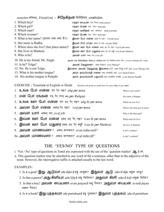 manidan mainadna`, Friend (m) = சிேநகித               isanaeihdna` sinehidan
1. Which boy?                                      எ த      ைபய          ]nd paEyana`? enda paiyan
2. Which girl?                                     எ த      ெப        ]nd paeNa`? enda pen<<
3. Which man?                                      எ த      மன த             ]nd mainadna`?    enda manidan
4. Which woman?                                    எ த      ெப        ]nd paeNa`? enda pen<<
5. What is her name? (}saka naama Kyaa hE?)        இவ       ேப      எ        ன }va<` paer` ]²? ival< per enna

6. Her name is Radha.                              இவ       ேப      ரஈதா }va<` paer` rada ival< per Ra@da@<
7. Where does she live? (her place name)?          இவ       ஊ       ேப        எ    ன }va<` Qr` paer` ]²? ival< u@r per enna
8. She lives in Madurai.                           இவ       ஊ       ேப        ம    ைர }va<` Qr` paer` madurE ival< u@r per Madurai
9. Who is he?                                      அவ        யா     Avana` yaar` avan ya@r

10. He is my friend, Mr. Singh.               அவ    எ     சிேனகித       மி     டர ஸி     க Avana` ]na` isanaeihdna` imas@r isa>ga. avan en sinehidan Mr. Singh

11. Is he* Telgu?                                  அவ        ெத          கா? Avana` taeLau>gaa? avan Telunga?
12. No. He is not Telgu.                      இ    ைல அவ            ெத                 இ      ைல }LLaE. Avana` taeLau>gau }LLaE illai. avan Telungu illai
13. What is his mother tongue?                     அவ      தா     ெமாழி எ            ன Avar` taaya`maaei<[ ]²? avar ta@ymol}i enna
14. His mother tongue is Punjabi.                  அவ      தா     ெமாள ப              சாப Avana` taaya`maaei< pa>jaabaI. avan ta@ymol<i Panja@b&



EXERCISE : Translate in English or Hindi                 Answers are given in small font for your help, if you need.

1. உ     க ேப        எ    ன q>ga paer` ]²? un[g per enna                                                                 What is your name?

2. எ      ேப     ர    க      ]na` paer` r>gana` en per Ran[gan<                                                          My name is Rangan.

3. உ     க ஊ         ேப     எ    ன q>ga Qr` paer` ]²? un[g u@r per enna                                                  Where do you live?

4. அவ        ேப      எ     ன Ava<` paer` ]²? ival< per enna                                                              What is her (that girl’s) name?

5. அவ        யா      Ava<` yaar` aval< ya@r                                                                              Who is she (that girl)?

6. இவ        ஊ       ேப     எ     ன }vana` Qr` paer` ]²? ivan u@r per enna                                               Where does he live?

7. இவ        ஊ       ேப     ம      ைர }vana` Qr` paer` madurE ivan u@r per Madurai                                       He lives in Madurai

8. அவ         மாணவனா ? Avana` maaNavanaa? avan ma@n<vana@?                                                               Is he* a student?

8a. அவ       மாணவளா ? Ava<` maaNava<a? aval< ma@n<vl<a@?                                                                 Is she* a student?



                          THE ‘YES/NO’ TYPE OF QUESTIONS
i. ‘Yes / No’ type of questions in Tamil are expressed with the use of the ‘question marker’ ஆ a@ Aa.
ii. This question marker may be attached to any word of the a sentence, other than to the adjective of the
   noun. However, the interrogative suffix is attached usually to the last word.

EXAMPLES :
   1. Is it a goat? இ      ஆ      வா idu a@d<uva@ }du AaDuvaa? இ                     வா ஆ                    iduva@ a@d<u }duvaa AaDu?
   2. Is that a parrot? அ       கிள யா adu lil>iya@ Adu iki<yaa? அ                            வா கிள aduva@ kil>i Aduvaa iki<?
   3. Is that a boy? அவ           ைபயனா avan paiyana@ Adu paEyanaa? அ                                  வா ைபய                          avana@ piyan
     Avanaa paEyana`?
   4. Is it a book? இ           தகமா idu puttahama@ }du pauTahmaa? இ                            வா               தக            iduva@ puttaham

                                               books-india.com
 