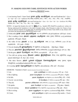 IV. MAKING OUR OWN TAMIL SENTENCES WITH ACTION WORDS
                                          1. Speaking PRESENT events


1. I am learning Tamil / I learn Tamil. நா           தமி க கிேற                   na@n tamil{ kalkiren (kal + kiru +
  eân = kal + kir + eân = kalkiren) naana` taima<` kLa`ikrena` (kLa` + ikw + ]âna` = kLa` + ikr` + ]âna` = kLa`ikrena`
  நா       தமி        க கிேற            na@n tamil{ karkiren (kar + kiru + eân = kar + kir + eân = karkiren) naana` taima<`
  kr`ikrena` (kr` + ikw + ]âna` = kr` + ikr` + ]âna` = kr`ikrena`
NOTES : (i) Again like Sanskrit, the verb “is” (இ     }w iru, Sanskrit Aista, Hindi hE) is actually not written. (ii)
 Having understood the breakdown in the above example clearly, other Pronouns in other two Tenses of any
 Verb can easily be figured out in same style, by attaching the Past or Future Tense Suffix to any chosen verb.
 (iii) Notice the rhyming between the pronoun and its verb.
2. I drink milk. நா        பா               கிேற             naana` paaLa` kÖiDiKkrena` na@n pa@l kud<ikkiren (kÖiD kud<i = drink)
3. She is reading a book. அவ                     தக          ப கிறா                  Ava<` pauTahma` paiDikra<` aval< putthaham
  pad<ikira@l<. (paiD pad<i = Read)
4. He walks 10 km. அவ                   10 k.m. நட கிறா                           Avana` 10 k.m. naDiKkrana` avan 10 km.
  nad<akkira@n     (naD nad<a = Walk)
5. You are sleeping. ந                கிறா         naI taU>gauikraya` n& tu@n[gukira@y.             (taU>gau tu@ngu = Sleep)
6. They are. அவ க             இ        கிறா க            Avaga|<` }wiKkraga|<` avargal< irukkira@rgal<. (}w iru = Be)
7. He/she goes. அவ          ேபாகிறா           Avar` paaeikrar` avar pokira@r.                (paae po = Go)
8. You (all) are giving money. ந             க         பண              இ       கிற க                naI>ga<` paNama` }DuikrIga|<` ningal<
  pan<am idukir&rgal< (}|, }Du &, idu = Give)
9. She takes flowers. அவ                       க        எ          த         ெகா                 கிறா               Ava<` paUKk<` ]DuTak‘
  kae<`<uikra<` aval< pu@kkal< kol<l<ukira@l< (kae<` kol< = Take)
10. I worship. நா        ெதா       கிேற          naana` dae<uikrena` na@n dol{ukiren. (dae<[ dol{ = Worship)

EXERCISE : Translate in Tamil          (answers are given for your help, if you need)
2. I eat.                                              நா      உ       கிேற         naana` qNa`ikrena` na@n un<kiren   (qNa` un< = Eat)
3. She is fighting.                         அவ         ெபா      கிறா        Ava<` paaewikra<` aval< porulira@l<.    (paaew poru = Fight)
4. He falls.                                     அவ         வ      கிறா         Avana` iva<uikrana` avan vil{ukira@n (iva<u         vil{u = Fall)
5. You do / you are doing.                                        ந ெச       கிறா         naI saeya`ikraya` n& seykira@y. (saeya`   sey = Do)
6. They die.                      அவ க         ம கிரா க            Avaga|<` mairikraga|<` avargal< marikira@rgal<.     (mair mari = Die)
7. He speaks.                                 அவ       ேப கிறா           Avar` paesauikrar` avar pesukira@r.       (paesau pesu = Speak)
8. You are running.               ந   க     ஒ      கிற க        naI>ga<` AaeDuikrIga|<` n&ngal< od<ukir&rgal<   (AaeDu od<u = Run)
9. She is writing.                        அவ       எ        கிறா        Ava<` ]<[duikra<` aval< el{udukira@l< (]<udu
                                                                                 u                                           el{udu = Write)
10. I trust.                                     நா             கிேற         naana` na>bauikrena` na@n nambukiren. (na>bau   nambu = Trust)

                                                   books-india.com
 